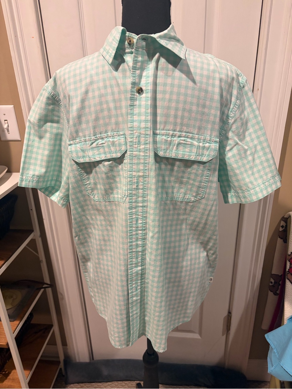 Magellan Outdoors Mint and White Gingham Short-Sleeve Button-Up Shirt